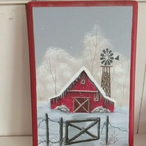 Red Barn Winter Scene wind mill Wall Art painted on wood